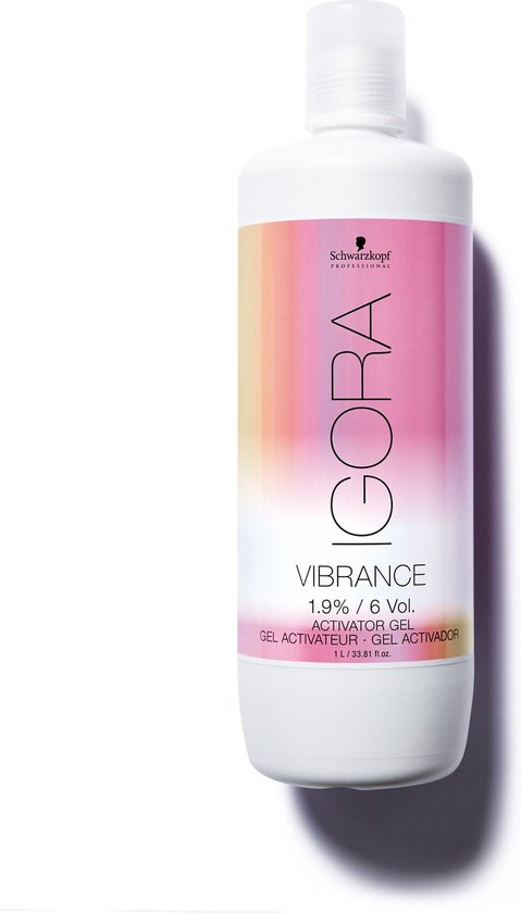 Witte fles Igora Vibrance Activator Gel 1.9% / 6 Vol. met geel, oranje en roze kleurverloop.