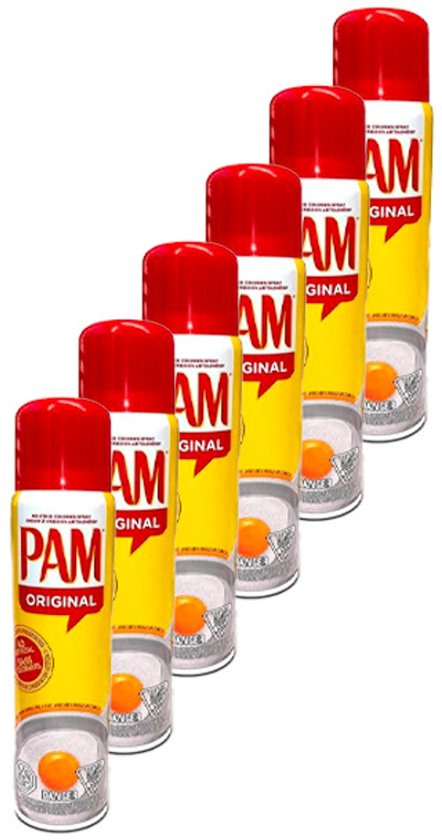 Zeven spuitbussen PAM Original kookspray, met rode doppen en gele etiketten met de tekst "PAM ORIGINAL".