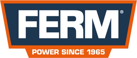 FERM logo met oranje en blauwe rand, met 'POWER SINCE 1965'.