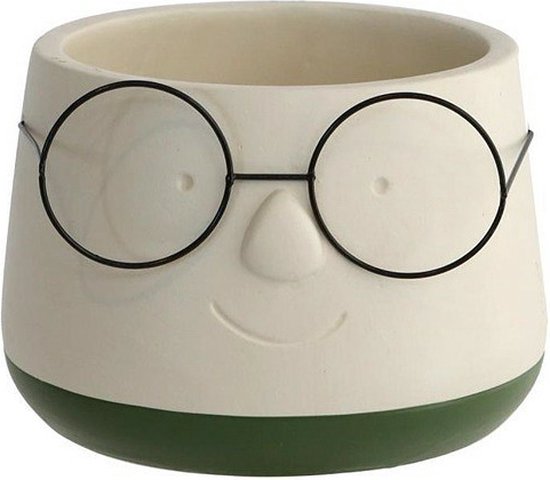 Cache-pot - crème - vert - visage à lunettes - taille du pot 10,5