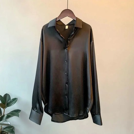 ASTRADAVI Casual Chic - Shirt - Dames Satijnen Overhemd Blouse - Zwart / Medium
