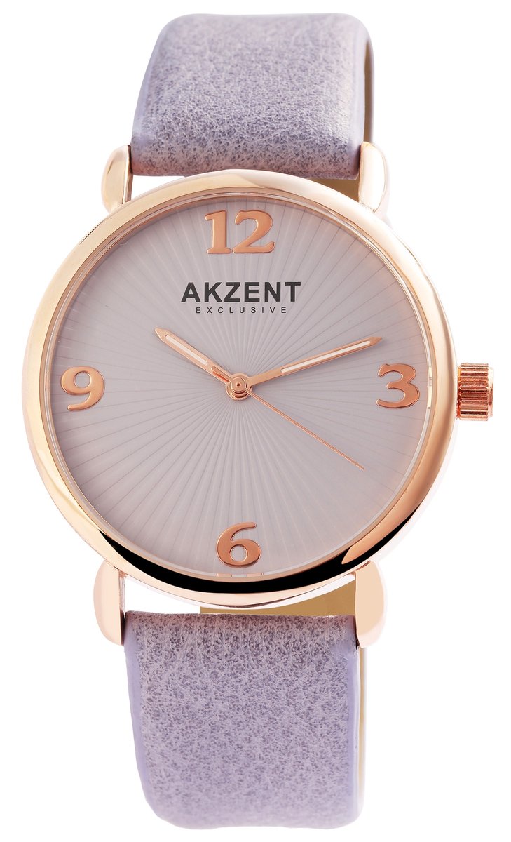 Akzent-Dames horloge-Analoog-Rond-38MM-Roze kleurig-Lila/paars lederen band.