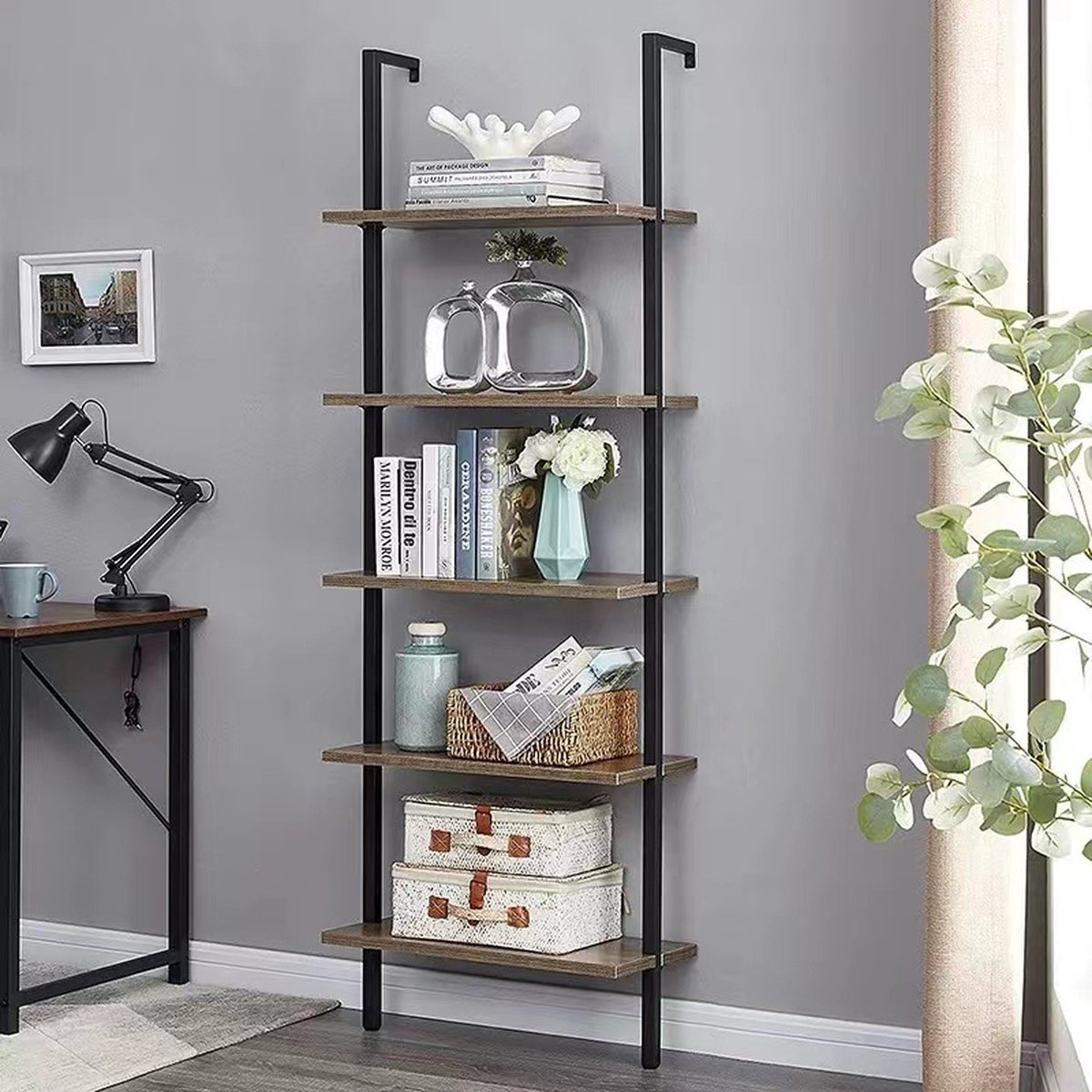 Plank-Iron Art Rack vloer tot plafond woonkamer slaapkamer decoratierek met meerlagige muur leunend rek