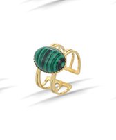 Ring – Rvs – Ovaal - Malachiet - 15 mm - edelsteen - Goudkleurig 18K PVD plating – Verstelbare – ontwerp – Makkelijke voor mensen met moeilijke en artrose vingers
