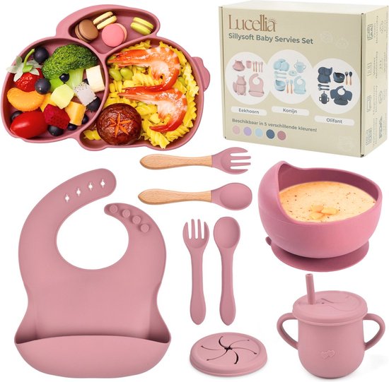 Lucellia® Siliconen babyservies set – 10 Delig Konijn Roze – Kinderservies set – Kinderbord- Kom – Met Zuignap– Kinderbestek – Babybestek – Slabbetjes – Baby drinkbeker - Tuitbeker baby - Snack cup - Kraamcadeau meisje– Babyshower cadeau