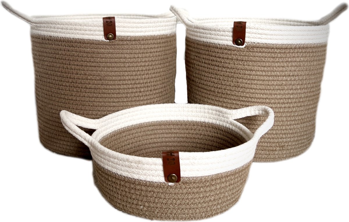 OZ Home - 3-delige Mandenset - Beige/Wit - Duurzaam & Stijlvol - Voor Opslag en Decoratie