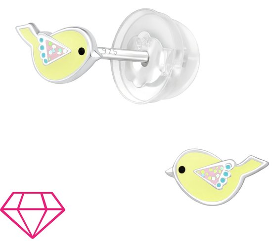 Joie|S - Boucles d'oreilles oiseau en argent - jaune - 7 x 4 mm - boucles d'oreilles pour enfants - fermeture extra douce (fermoir papillon avec boîtier en silicone)