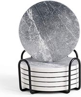 iBright Onderzetters voor glazen - Set van 8 met houder - Absorberend - Rond - Grijs - Marble - Marmer Design - Coasters