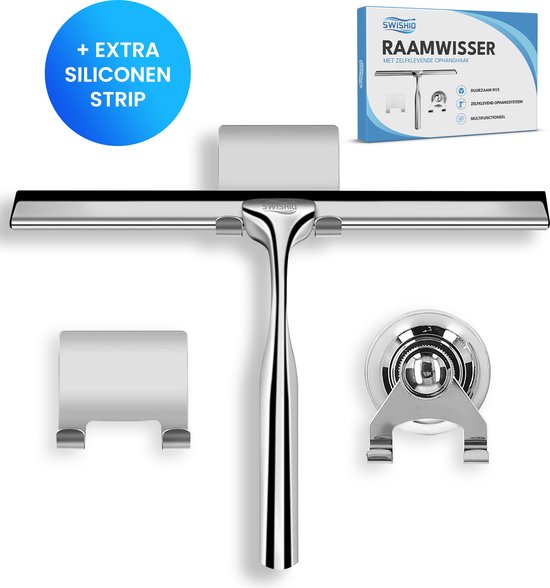 Foto: Luxe douchewisser met ophangsysteem trekker douche raamwisser zilver rvs extra gratis siliconen strip