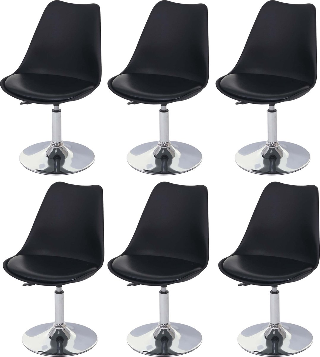 Cosmo Casa Set van 6 Stoelen - Keukenstoel - Hoogte Verstelbaar - Kunstleer - Zwart - Chroom Onderstel
