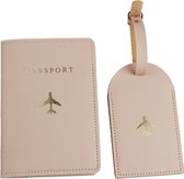 Paspoort hoesje met kofferlabel - Paspoorthouder - Bagage label - Vliegen - Vakantie - Beige / Goud - PU leer - 11 cm x 17 cm