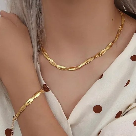 Gevlochten Ketting + armband set - Stainless steel - gold plated