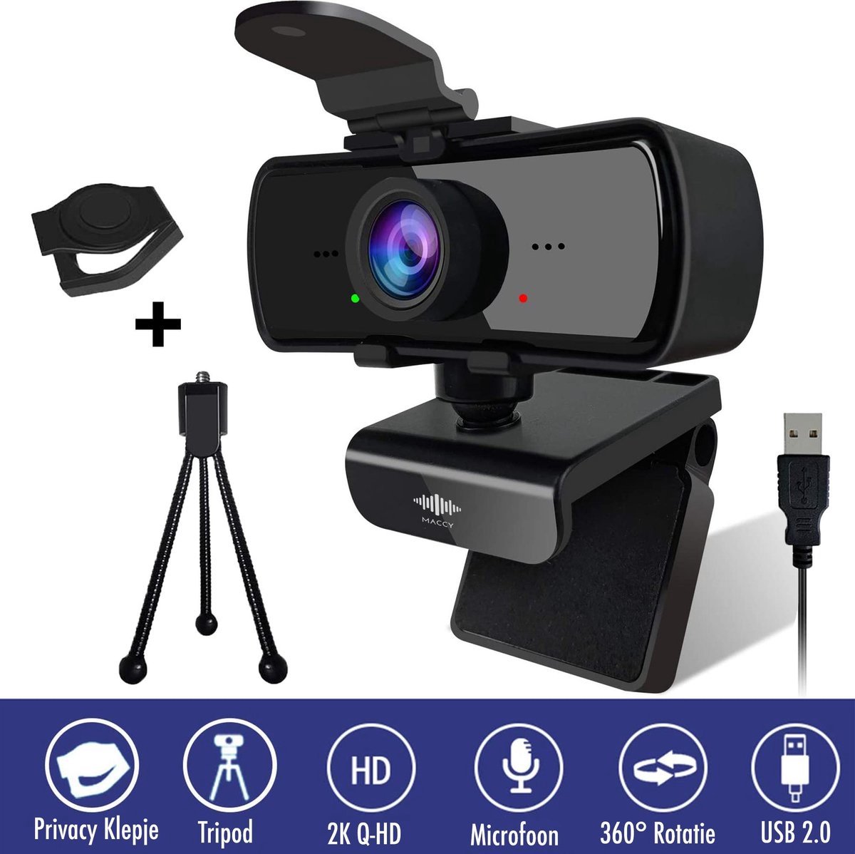 Maccy Webcam met Ruisvrije Microfoon - Webcam Cover en Tripod - 4MP - 2560x1440 - Webcam voor PC - HD Pro Webcam - Webcam voor Computer