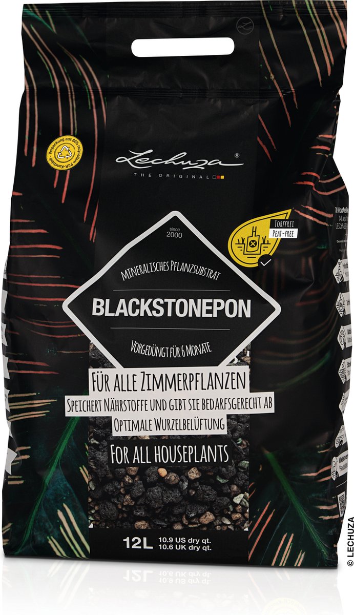 LECHUZA BLACKSTONEPON 12 liter - Mineraal plantensubstraat - Geschikt voor alle kamerplanten - Voorbemest voor 6 tot 8 maanden - ALTIJD BETER DAN AARDE!
