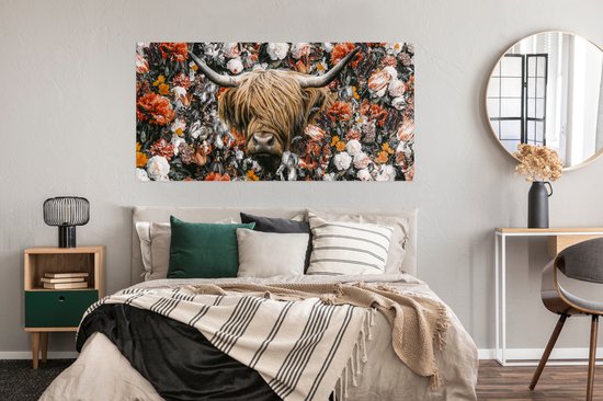 Affiche Highlander écossais - Fleurs - Arc-en-ciel - 160x80 cm