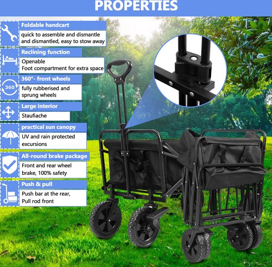 Bolderkar - Opvouwbaar - Bolderwagen - transportkar Kinderenvervoer Bolderkarren Tuinkar Kinderwagen met Duwstang Opvouwbare Draag Kar Bolder Wagen Strandkar Zwart van Bolderkar Opvouwbaar — afbeelding 4