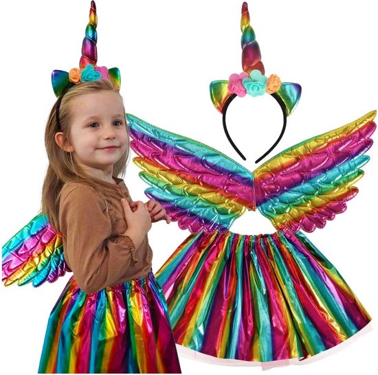 Unicorn Kostuum - Eenhoorn Verkleedkleding - Regenboog Rok - Diadeem met Hoorn en Verschillende Kleuren Bloemetjes - Rainbow Vleugels - Ideaal voor Carnaval