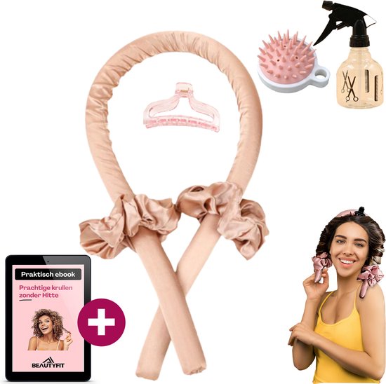 Foto: Beautyfit heatless curls scalp massager inclusief e book mist verstuiver haarrollers krulset haarrollers haarkruller krullen maken rollers krullen zonder hitte curling ribbon goud