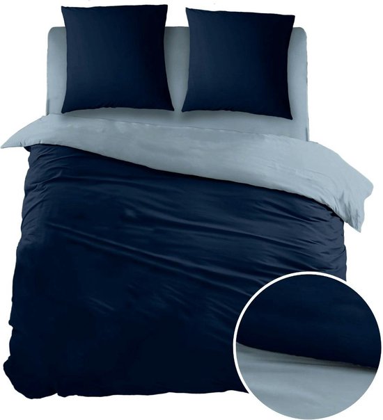 Sleepnight - Flanel Navy blue Light blue Effen - LP000296 - B 140 x L 200 cm/B 140 x L 220 cm - 1-persoons - Omkeerbaar