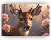 Hert met rozen - Bloemen schilderij - Muurdecoratie hert - Muurdecoratie landelijk - Canvas schilderijen woonkamer - Schilderijen - 90 x 60 cm 18mm