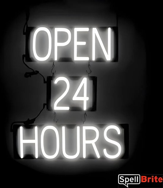 OPEN 24 HOURS - Lichtreclame Neon LED bord verlicht | SpellBrite | 53 x 60 cm | 6 Dimstanden - 8 Lichtanimaties | Reclamebord neon verlichting