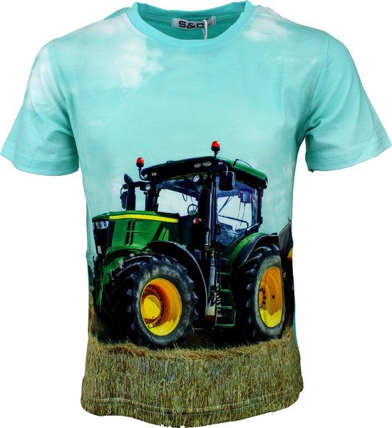 S&C Shirtje groene tractor turquoise Kids & Kind Jongens - Maat: 134/140