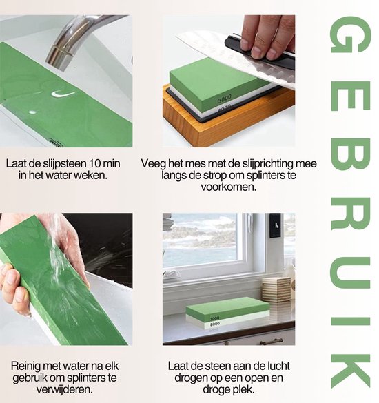 Vier stappen: slijpsteen weken, mes slijpen, reinigen met water, steen drogen.