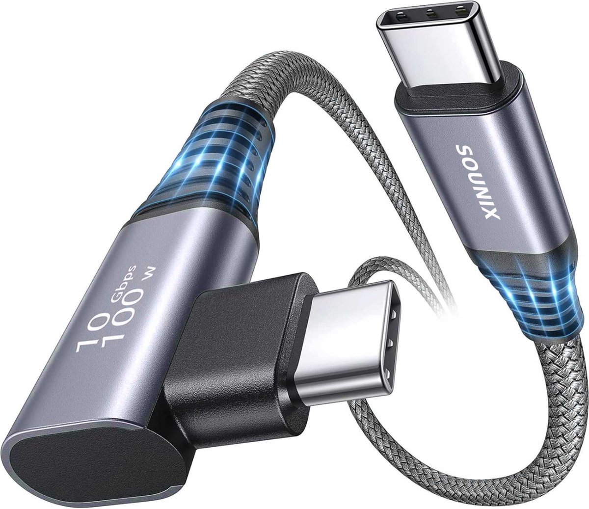 Sounix USB C kabel met E-marker - 5A100W - 2 Meter - Snellader - USB 3.2 - Oplaadkabel - 20Gbps - L shape - Geschikt voor Macbook, iPad Pro/Air, Samsung Galaxy/Note - Gevlochten Nylon