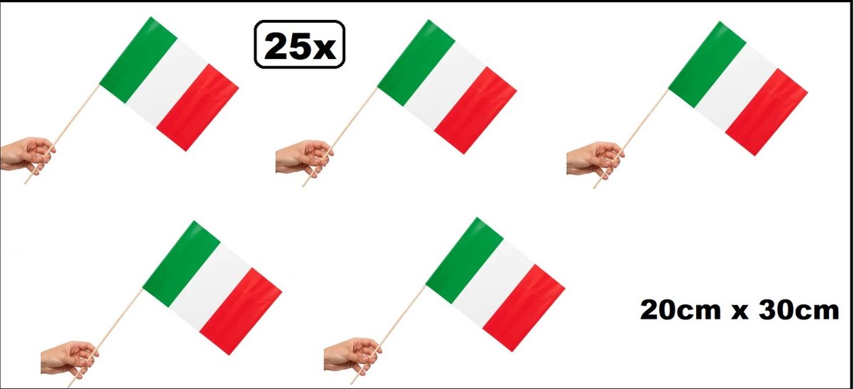 25x Luxe Zwaaivlaggetjes op stok Italie 20cm x 30cm - stok hout 50cm - Zwaai vlaggetjes EK WK thema feest voetbal festival uitdeel Italiaans
