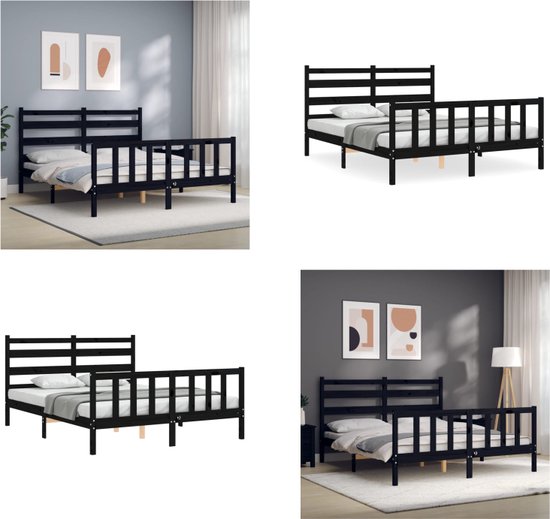 vidaXL Bedframe met hoofdbord massief hout zwart 160x200 cm - Bedframe - Bedframes - Bed - Tweepersoonsbed