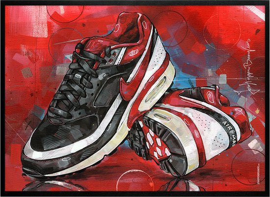 Sneaker print classic BW varsity red 2 vullend 71x51 cm *ingelijst & gesigneerd