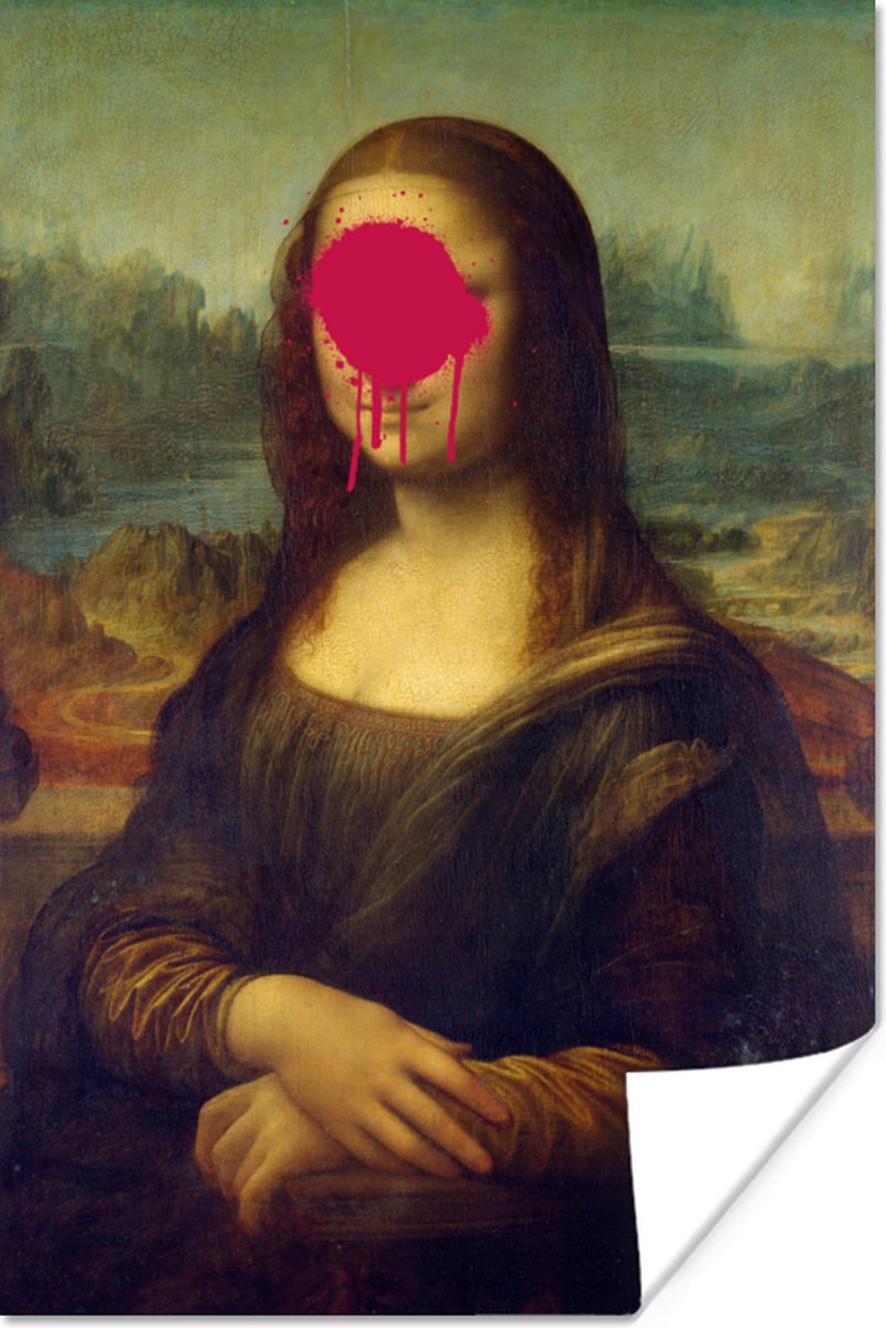 Mona Lisa van oude meester Leonardo da Vinci met roze klodder verf 20x30 cm - klein - Foto print op Poster (wanddecoratie woonkamer / slaapkamer) - PosterMonkey