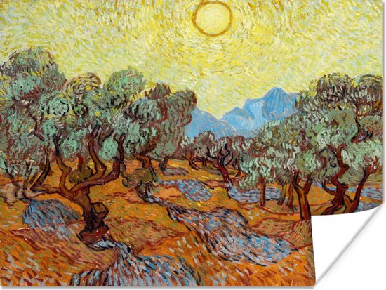 Poster Olijfbomen met gele hemel en zon - Vincent van Gogh - 40x30 cm