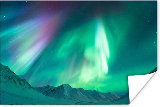 Affiche Belles aurores boréales sur les montagnes 120x80 cm - Tirage photo sur Poster (décoration murale salon / chambre)