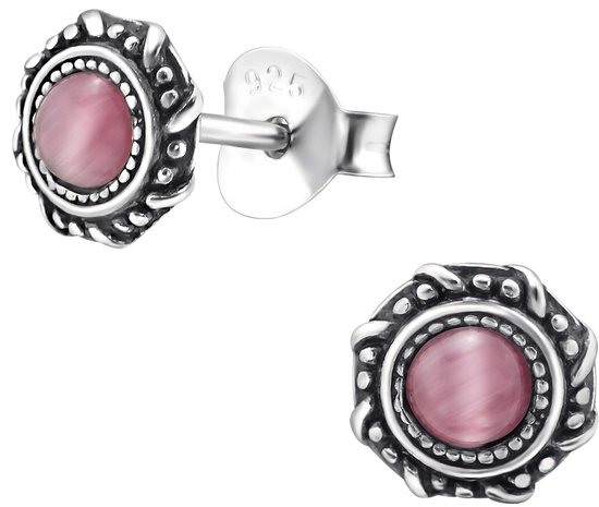 Joy|S - Zilveren Bali ronde oorbellen - 6 mm - roze calcedony cat eye - geoxideerd - oorknoppen