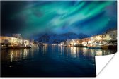 Noorderlicht boven haven in Noorwegen Poster 60x40 cm - Foto print op Poster (wanddecoratie woonkamer / slaapkamer) / Nacht Poster
