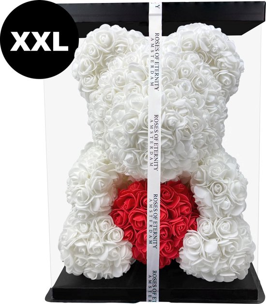 Roses of Eternity - XXL Rose bear met hart & giftbox - rozen beer - Romantisch Liefdes Moederdag cadeautje - Cadeau voor vrouw - Huwelijk - Vriendin - wit