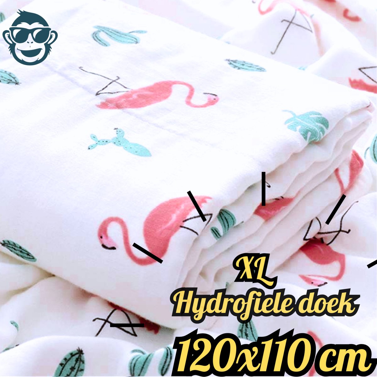 Goedkoopste BoefieBoef XL Hydrofiele Doek 120x110cm - Zachte Bamboe Swaddle, Inbakerdoek, Mousseline Doek voor Baby's en Newborns 0 tot 12 maanden - Flamingo - Dubbellaags, Ademend en Absorberend - Kerst en KraamCadeau - Duurzaam - Babydeken - Groen Roze Plant