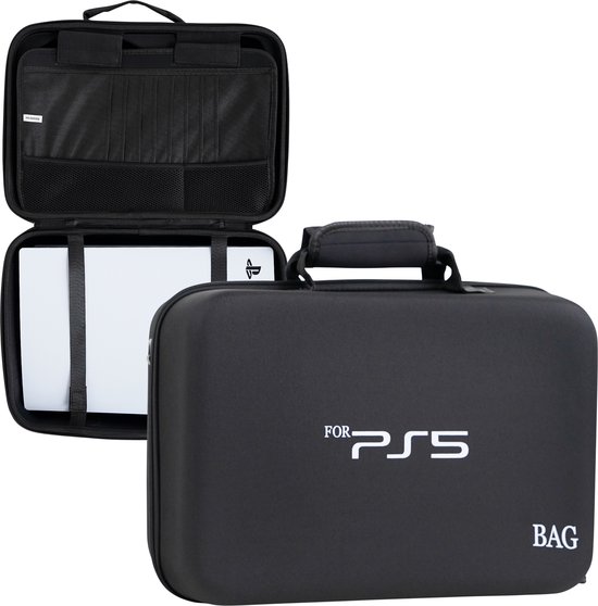 Étui adapté pour Playstation 5 - Espace pour écouteurs, Manettes et Spellen - Comprend bandoulière - Étanche - Sac de rangement pour PS5 - Étui pour PS5 - Zwart - Étui rigide - Étui de protection