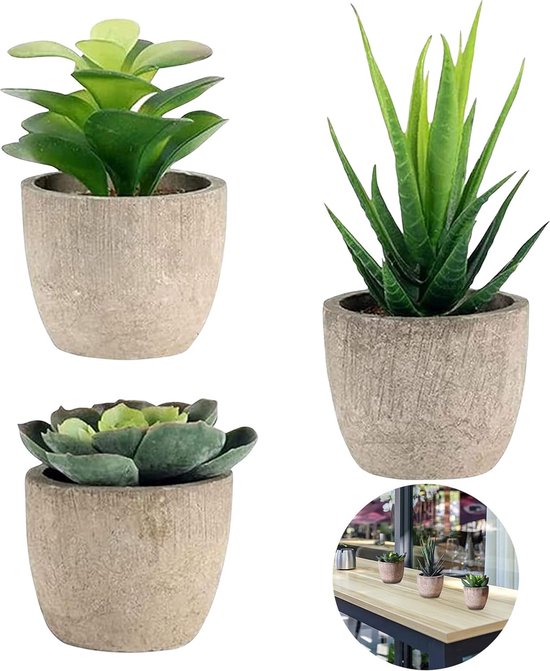 Set van 3 kunstplanten, kunstvetplanten met pot, kunstplant met pot, kunstvetplanten, decoratieve planten voor woonkamer, balkon, slaapkamer, badkamer, tafeldecoratie (A)