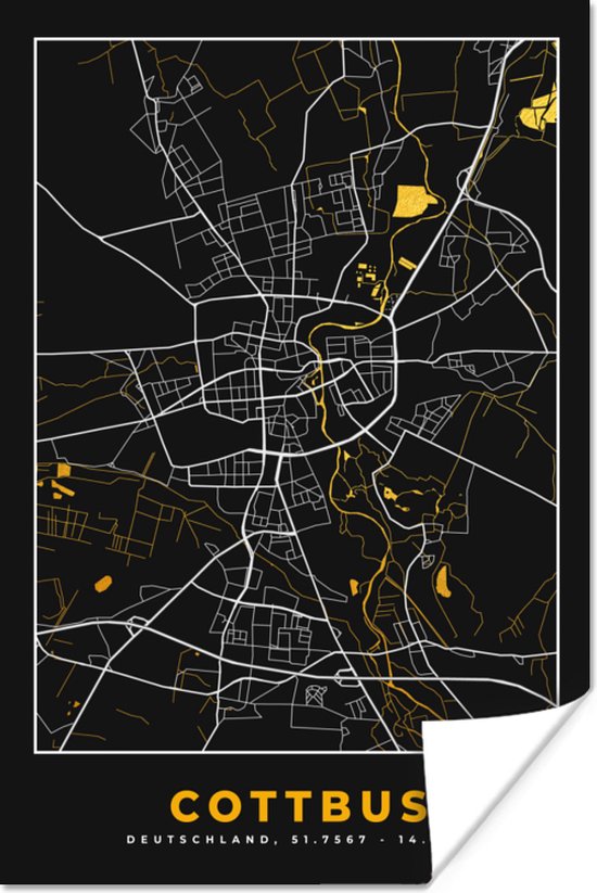 Affiche Cottbus - Or - Carte - Plan - Plan de ville - Allemagne - 60x90 cm