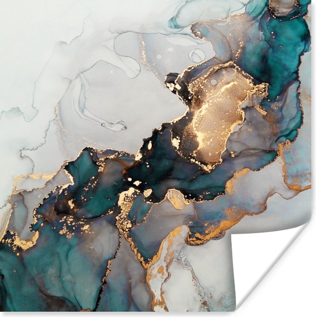 Poster Blauw - Marmer - Goud - 30x30 cm