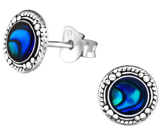 Joy|S - Zilveren Bali oorbellen - 8 mm - oorknoppen - abalone donker blauw (schelp) - geoxideerd