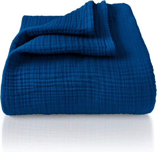 Mousseline sprei 220 x 240 cm XXL - 100% katoen - extra zachte katoenen deken als knuffeldeken, bedsprei, banksprei, banksprei - warme bankdeken (blauw)