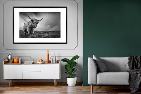 PosterMonkey - Poster - Cadre photo - Scottish Highlander - Nature - Vache - Zwart et blanc - Cadre - 120x80 cm - Affiche noir et blanc - Photo sous cadre - Poster Scottish Highlander - Cadre pour affiche