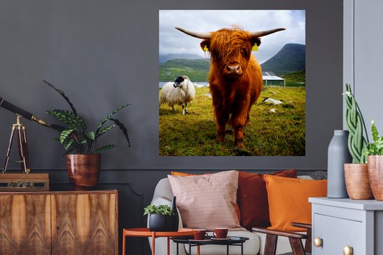 Muurstickers - Sticker Folie - Schotse hooglander - Licht - Schapen - 100x100 cm - Plakfolie - Muurstickers Kinderkamer - Zelfklevend Behang XXL - Zelfklevend behangpapier - Stickerfolie