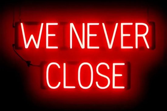 WE NEVER CLOSE - Lichtreclame Neon LED bord verlicht | SpellBrite | 79 x 38 cm | 6 Dimstanden - 8 Lichtanimaties | Reclamebord neon verlichting