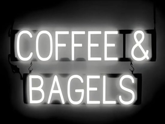 COFFEE & BAGELS - Lichtreclame Neon LED bord verlicht | SpellBrite | 76 x 38 cm | 6 Dimstanden - 8 Lichtanimaties | Reclamebord neon verlichting