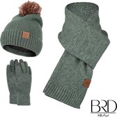 BRD Winter set voor volwassenen groen - gevoerde muts met pompon, sjaal en handschoenen