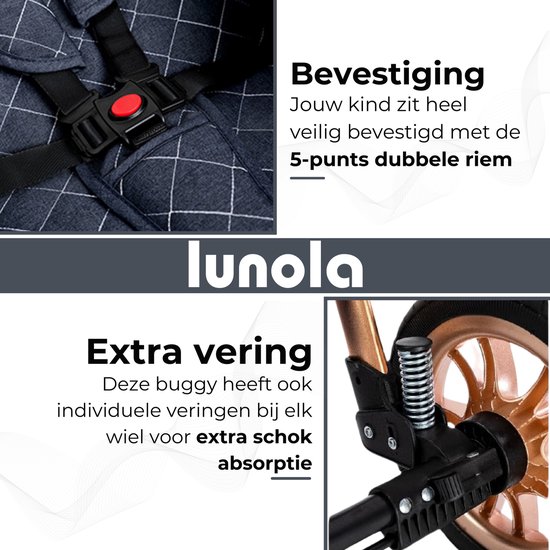 Sluiting van een 5-punts veiligheidsgordel in een grijze kinderwagen en een detail van de vering van het wiel.